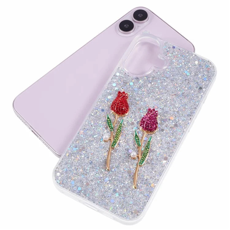 For iPhone 16 Plus Phone Case Sparkle Glitter Rose TPU Acrylic Back Cover