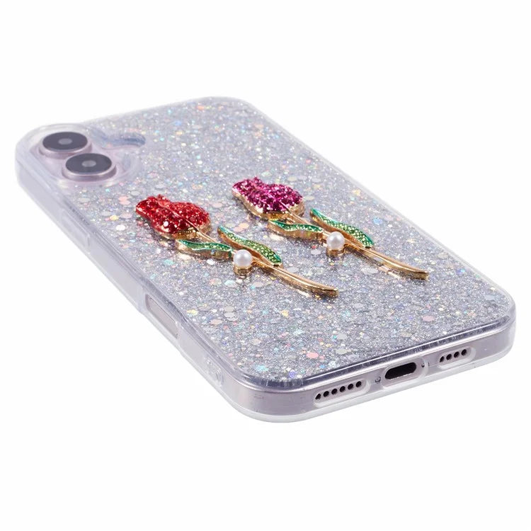 For iPhone 16 Plus Phone Case Sparkle Glitter Rose TPU Acrylic Back Cover
