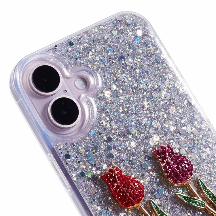 For iPhone 16 Plus Phone Case Sparkle Glitter Rose TPU Acrylic Back Cover