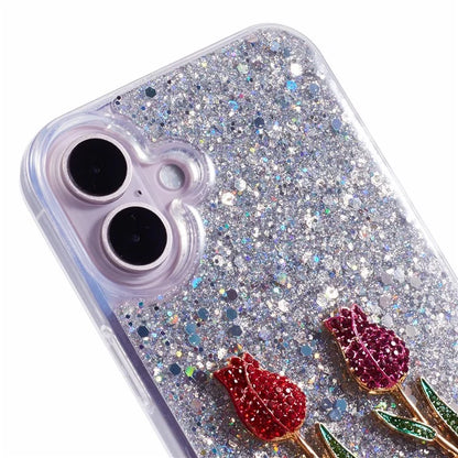For iPhone 16 Plus Phone Case Sparkle Glitter Rose TPU Acrylic Back Cover