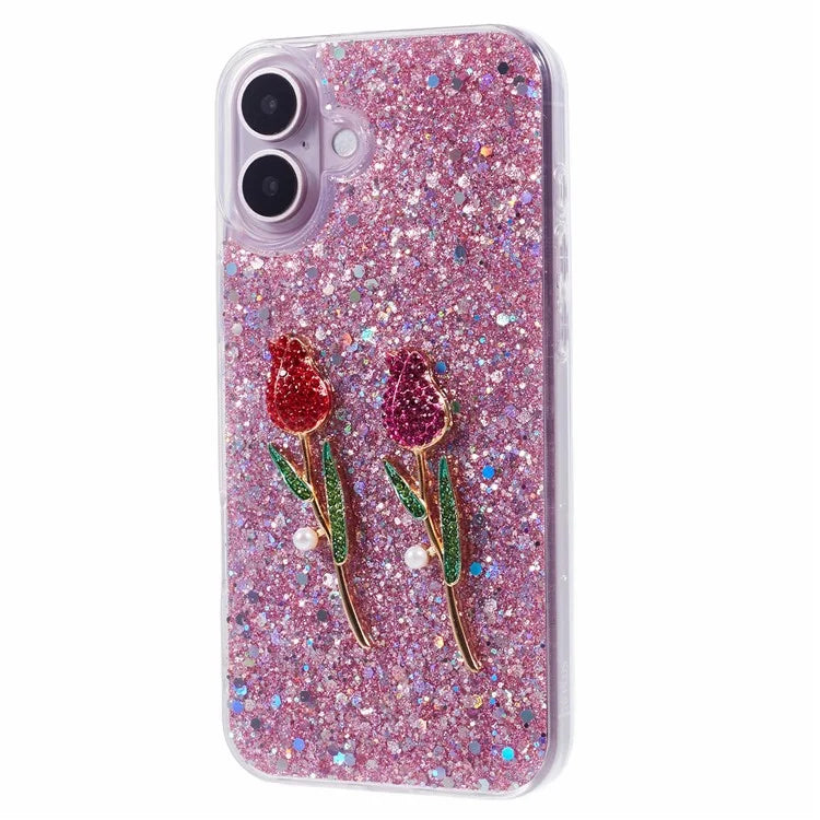 For iPhone 16 Plus Phone Case Sparkle Glitter Rose TPU Acrylic Back Cover