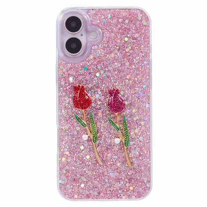 For iPhone 16 Plus Phone Case Sparkle Glitter Rose TPU Acrylic Back Cover