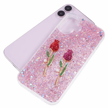 For iPhone 16 Plus Phone Case Sparkle Glitter Rose TPU Acrylic Back Cover