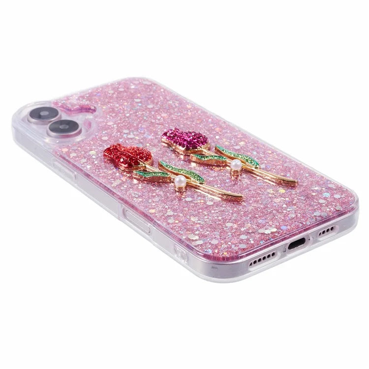 For iPhone 16 Plus Phone Case Sparkle Glitter Rose TPU Acrylic Back Cover