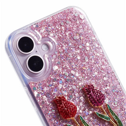 For iPhone 16 Plus Phone Case Sparkle Glitter Rose TPU Acrylic Back Cover