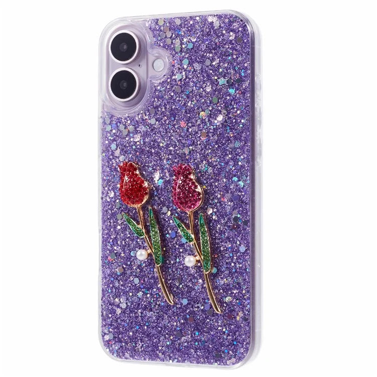 For iPhone 16 Plus Phone Case Sparkle Glitter Rose TPU Acrylic Back Cover