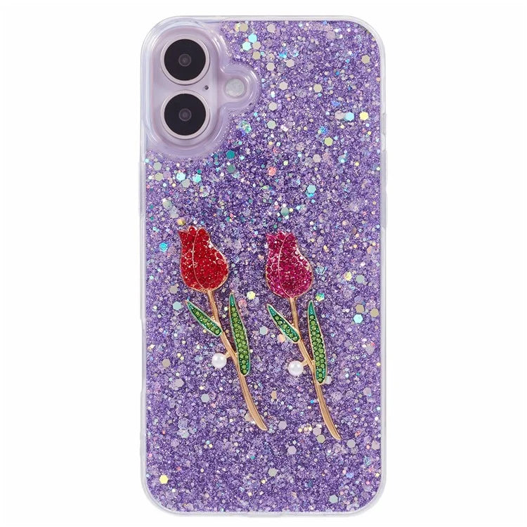 For iPhone 16 Plus Phone Case Sparkle Glitter Rose TPU Acrylic Back Cover