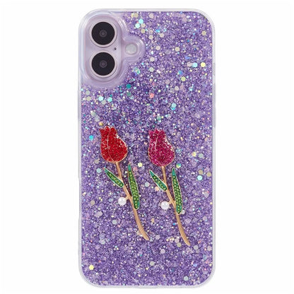 For iPhone 16 Plus Phone Case Sparkle Glitter Rose TPU Acrylic Back Cover