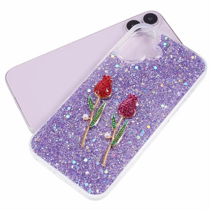 For iPhone 16 Plus Phone Case Sparkle Glitter Rose TPU Acrylic Back Cover