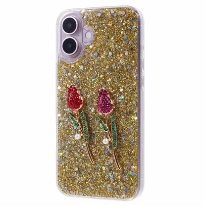 For iPhone 16 Plus Phone Case Sparkle Glitter Rose TPU Acrylic Back Cover