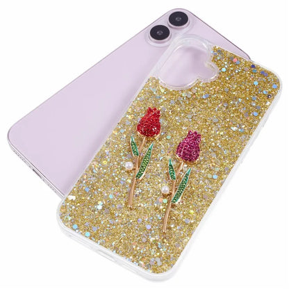 For iPhone 16 Plus Phone Case Sparkle Glitter Rose TPU Acrylic Back Cover