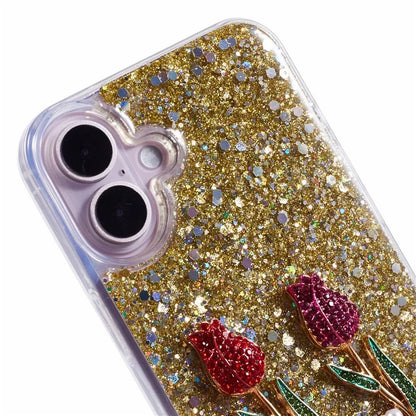 For iPhone 16 Plus Phone Case Sparkle Glitter Rose TPU Acrylic Back Cover