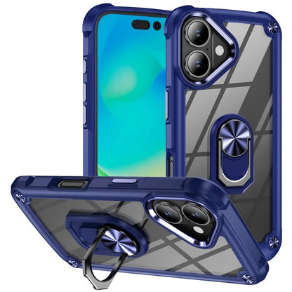 For iPhone 16 Plus Case Alloy Lens Frame PC + TPU Kickstand Phone Back Cover