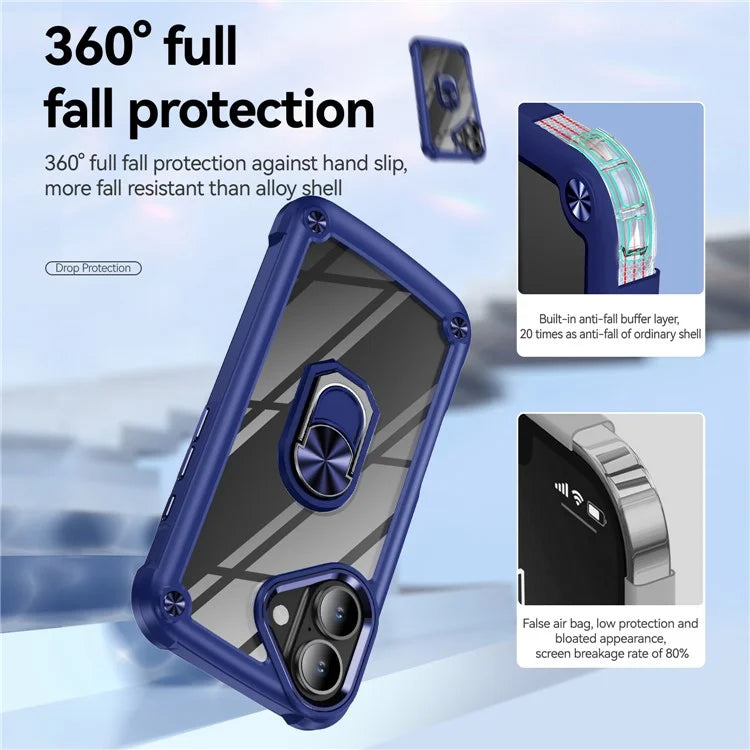 For iPhone 16 Plus Case Alloy Lens Frame PC + TPU Kickstand Phone Back Cover
