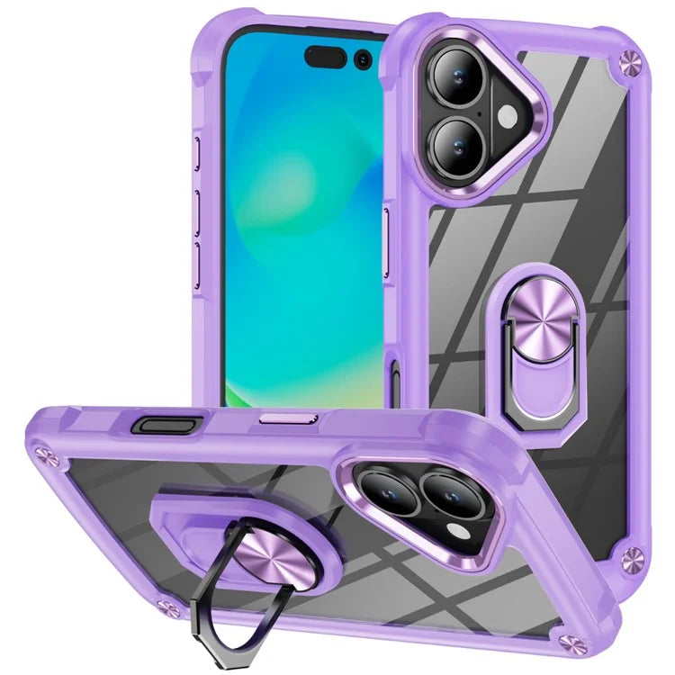 For iPhone 16 Plus Case Alloy Lens Frame PC + TPU Kickstand Phone Back Cover