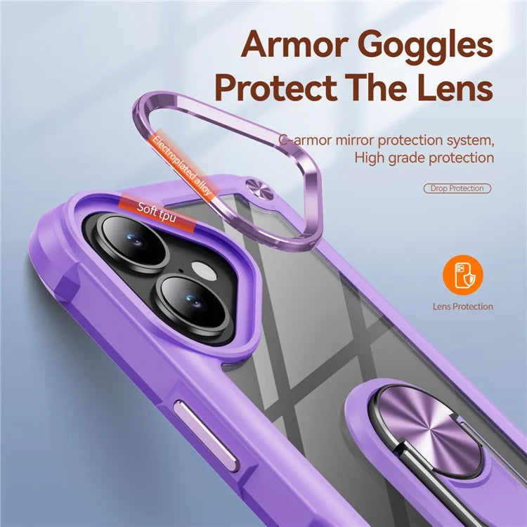 For iPhone 16 Plus Case Alloy Lens Frame PC + TPU Kickstand Phone Back Cover