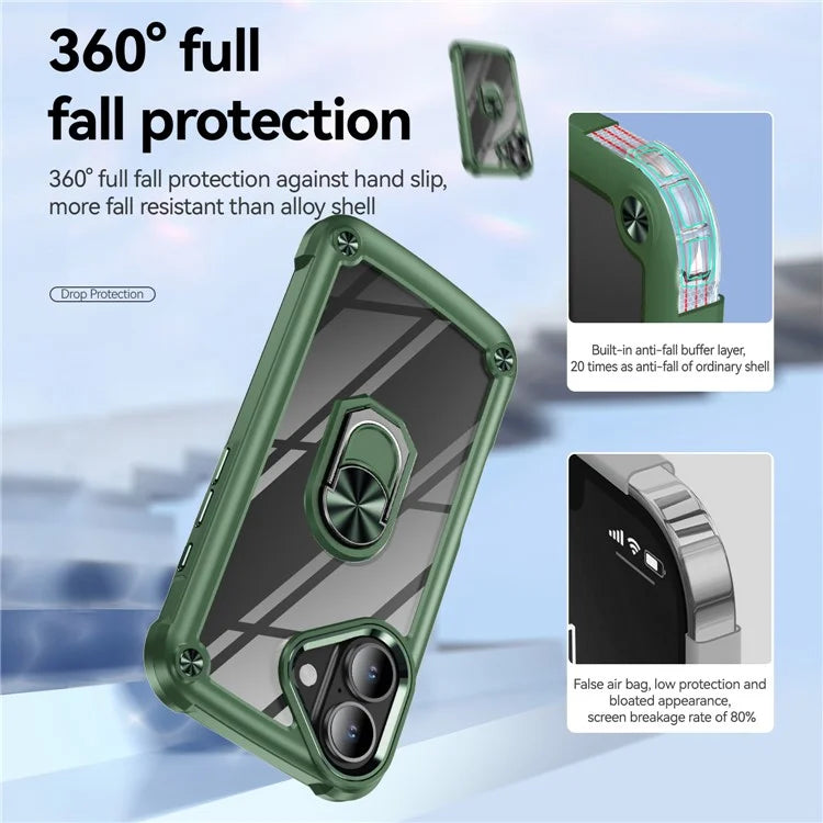 For iPhone 16 Plus Case Alloy Lens Frame PC + TPU Kickstand Phone Back Cover