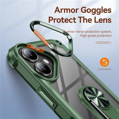 For iPhone 16 Plus Case Alloy Lens Frame PC + TPU Kickstand Phone Back Cover