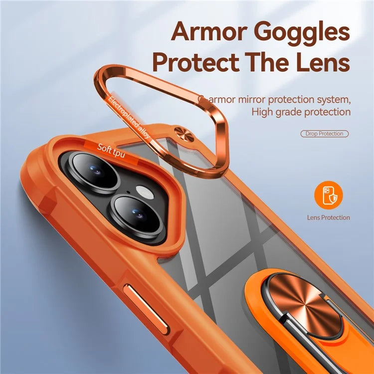 For iPhone 16 Plus Case Alloy Lens Frame PC + TPU Kickstand Phone Back Cover