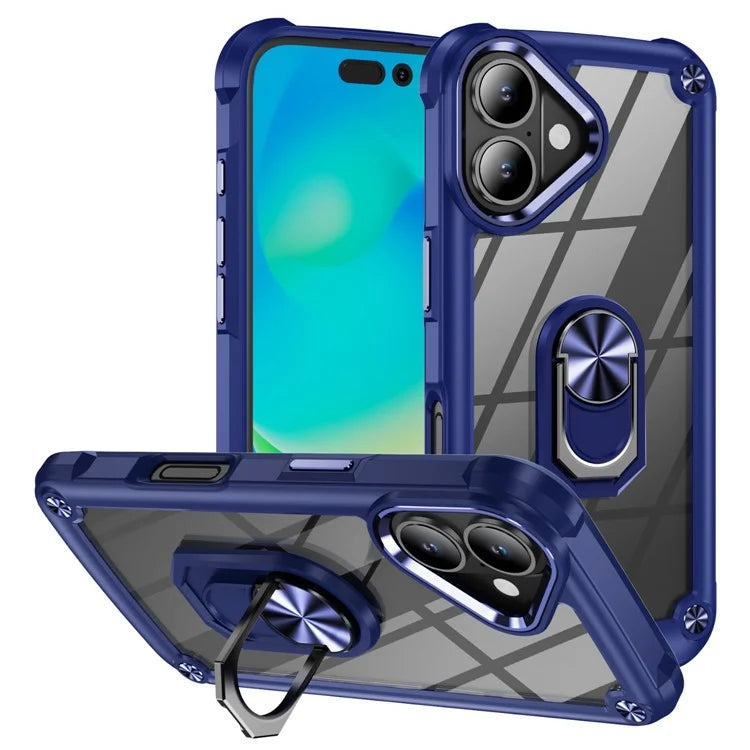 For iPhone 16 Case Alloy Lens Frame PC + TPU Kickstand Phone Back Cover