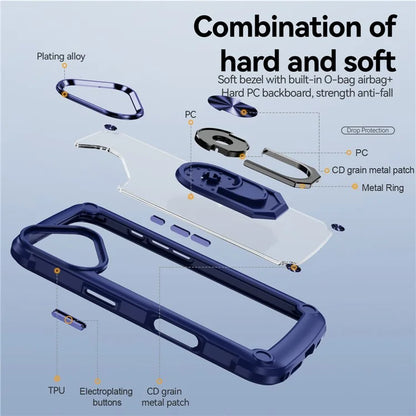 For iPhone 16 Case Alloy Lens Frame PC + TPU Kickstand Phone Back Cover