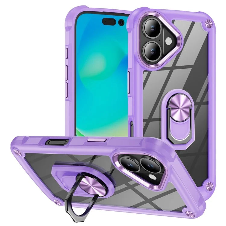 For iPhone 16 Case Alloy Lens Frame PC + TPU Kickstand Phone Back Cover