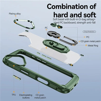 For iPhone 16 Case Alloy Lens Frame PC + TPU Kickstand Phone Back Cover