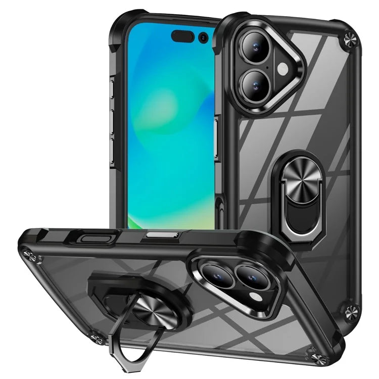 For iPhone 16 Case Alloy Lens Frame PC + TPU Kickstand Phone Back Cover