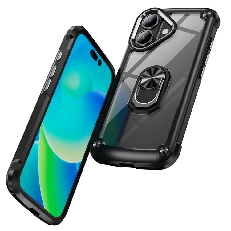 For iPhone 16 Case Alloy Lens Frame PC + TPU Kickstand Phone Back Cover