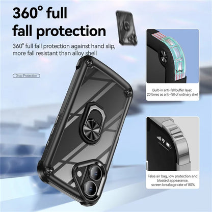 For iPhone 16 Case Alloy Lens Frame PC + TPU Kickstand Phone Back Cover