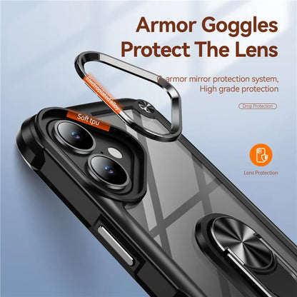 For iPhone 16 Case Alloy Lens Frame PC + TPU Kickstand Phone Back Cover