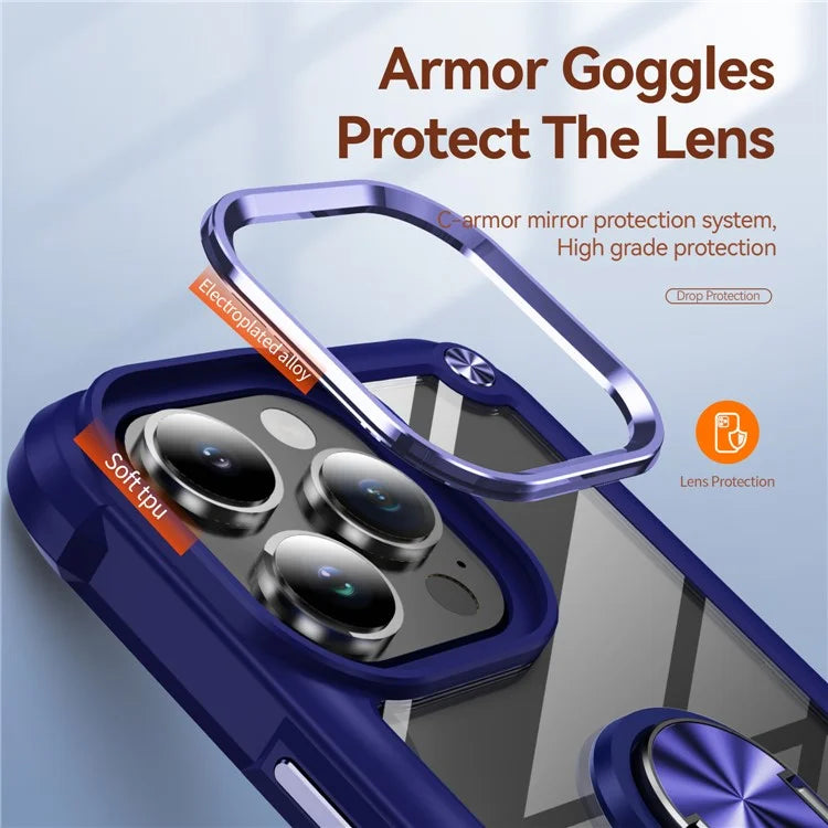 For iPhone 16 Pro Case Alloy Lens Frame PC + TPU Kickstand Phone Back Cover