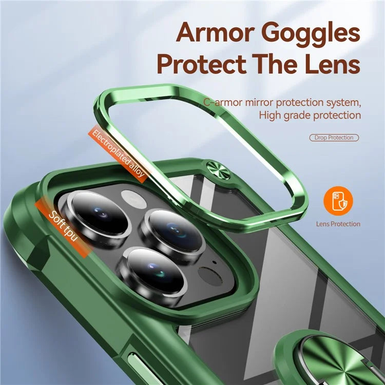 For iPhone 16 Pro Case Alloy Lens Frame PC + TPU Kickstand Phone Back Cover