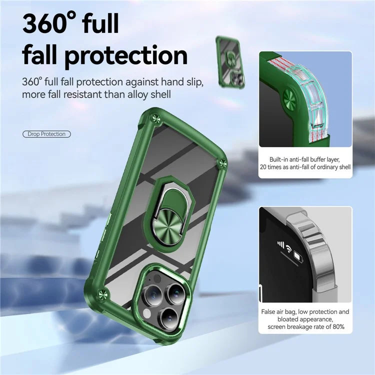 For iPhone 16 Pro Case Alloy Lens Frame PC + TPU Kickstand Phone Back Cover