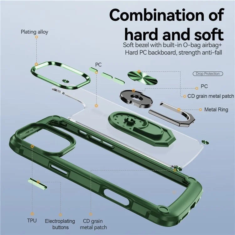 For iPhone 16 Pro Case Alloy Lens Frame PC + TPU Kickstand Phone Back Cover