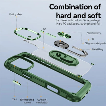 For iPhone 16 Pro Case Alloy Lens Frame PC + TPU Kickstand Phone Back Cover