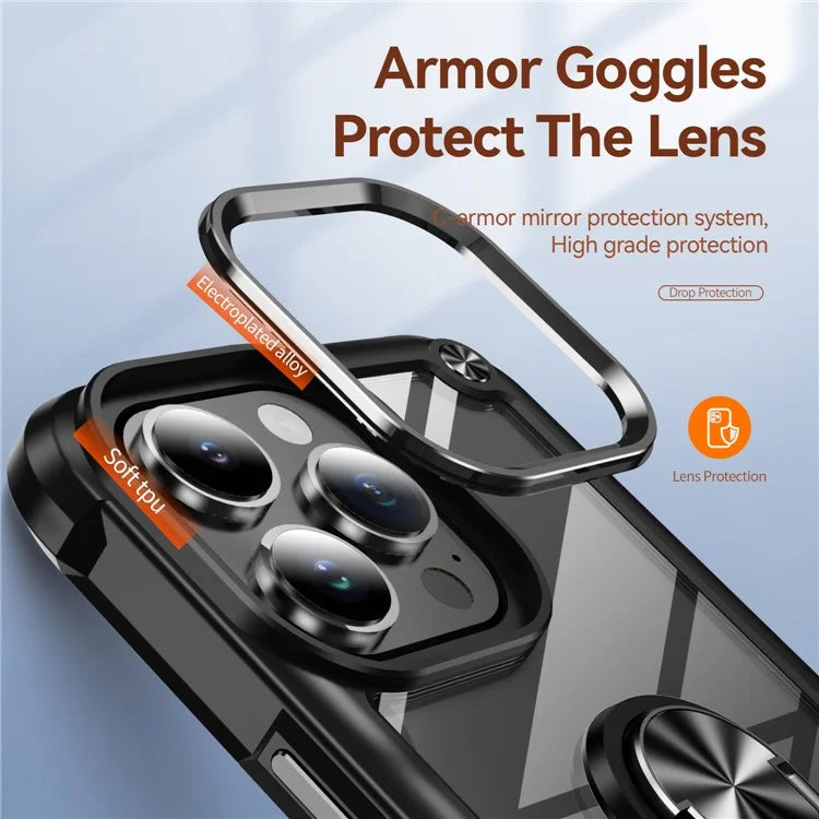 For iPhone 16 Pro Case Alloy Lens Frame PC + TPU Kickstand Phone Back Cover