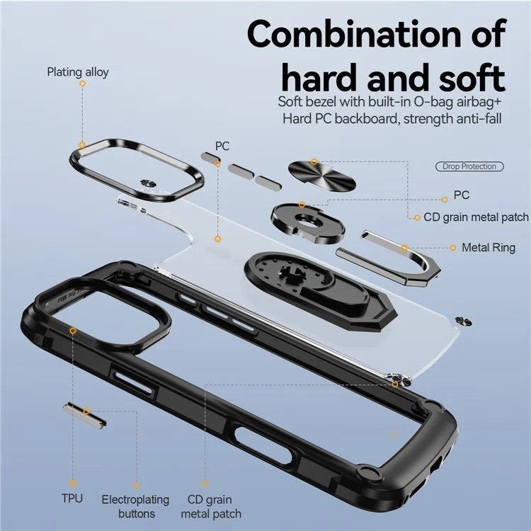 For iPhone 16 Pro Case Alloy Lens Frame PC + TPU Kickstand Phone Back Cover