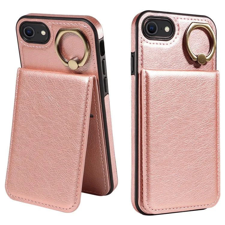 004 For iPhone SE (2022) / SE (2020) / iPhone 8 / 7 Case Leather+TPU Phone Cover with Card Holder and Ring Kickstand