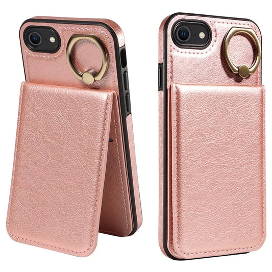 004 For iPhone SE (2022) / SE (2020) / iPhone 8 / 7 Case Leather+TPU Phone Cover with Card Holder and Ring Kickstand