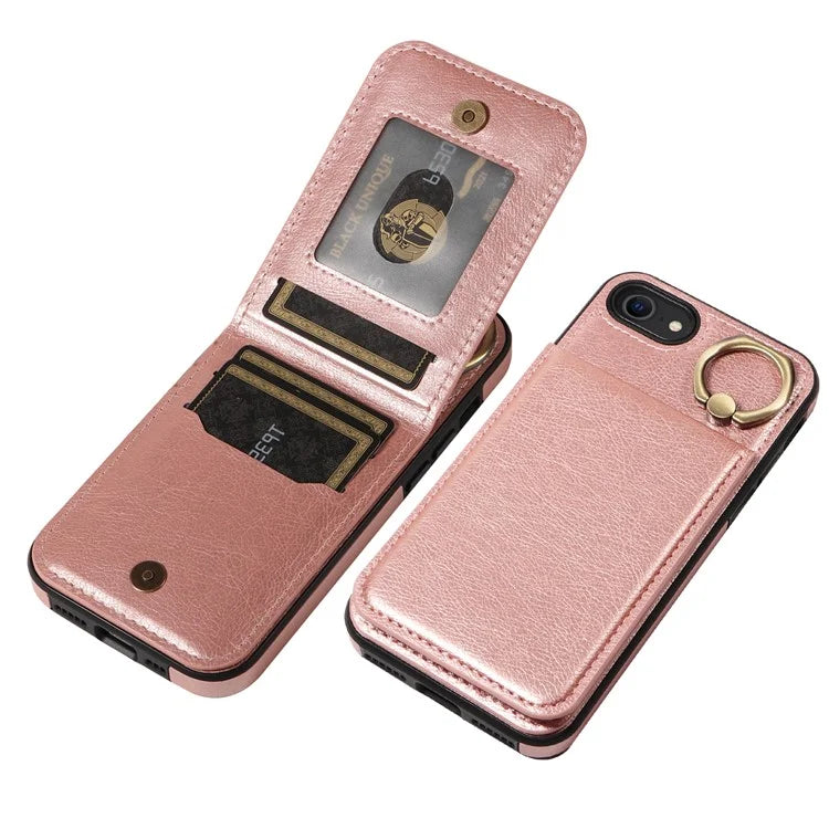 004 For iPhone SE (2022) / SE (2020) / iPhone 8 / 7 Case Leather+TPU Phone Cover with Card Holder and Ring Kickstand