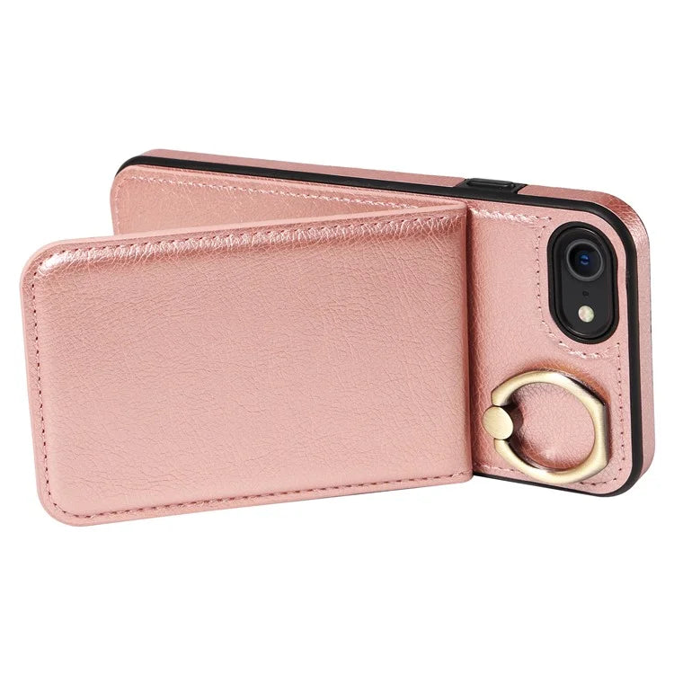 004 For iPhone SE (2022) / SE (2020) / iPhone 8 / 7 Case Leather+TPU Phone Cover with Card Holder and Ring Kickstand