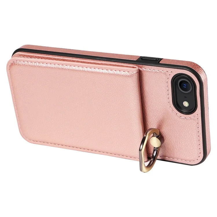 004 For iPhone SE (2022) / SE (2020) / iPhone 8 / 7 Case Leather+TPU Phone Cover with Card Holder and Ring Kickstand