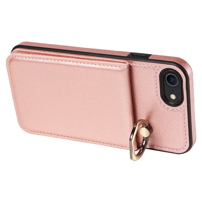 004 For iPhone SE (2022) / SE (2020) / iPhone 8 / 7 Case Leather+TPU Phone Cover with Card Holder and Ring Kickstand