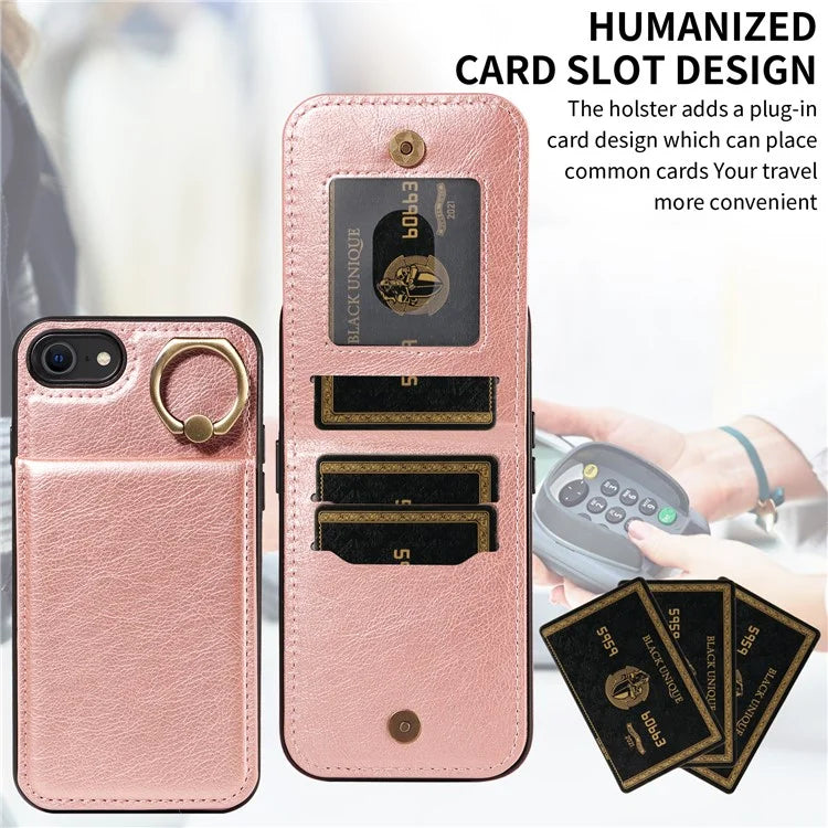 004 For iPhone SE (2022) / SE (2020) / iPhone 8 / 7 Case Leather+TPU Phone Cover with Card Holder and Ring Kickstand