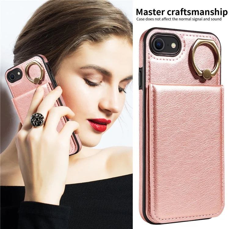 004 For iPhone SE (2022) / SE (2020) / iPhone 8 / 7 Case Leather+TPU Phone Cover with Card Holder and Ring Kickstand