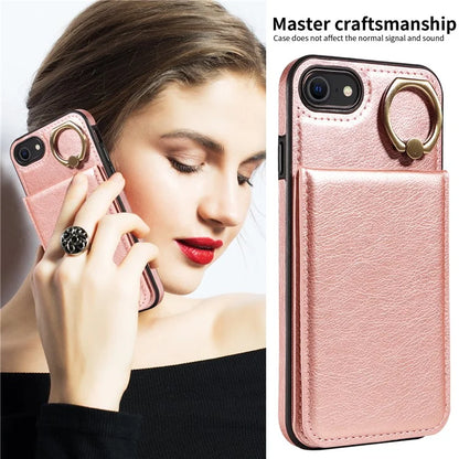 004 For iPhone SE (2022) / SE (2020) / iPhone 8 / 7 Case Leather+TPU Phone Cover with Card Holder and Ring Kickstand