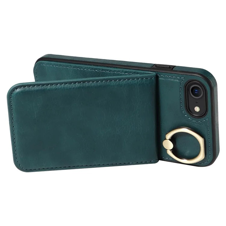 004 For iPhone SE (2022) / SE (2020) / iPhone 8 / 7 Case Leather+TPU Phone Cover with Card Holder and Ring Kickstand