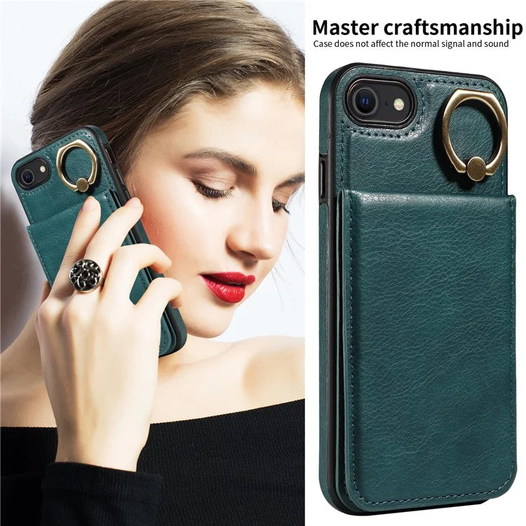004 For iPhone SE (2022) / SE (2020) / iPhone 8 / 7 Case Leather+TPU Phone Cover with Card Holder and Ring Kickstand