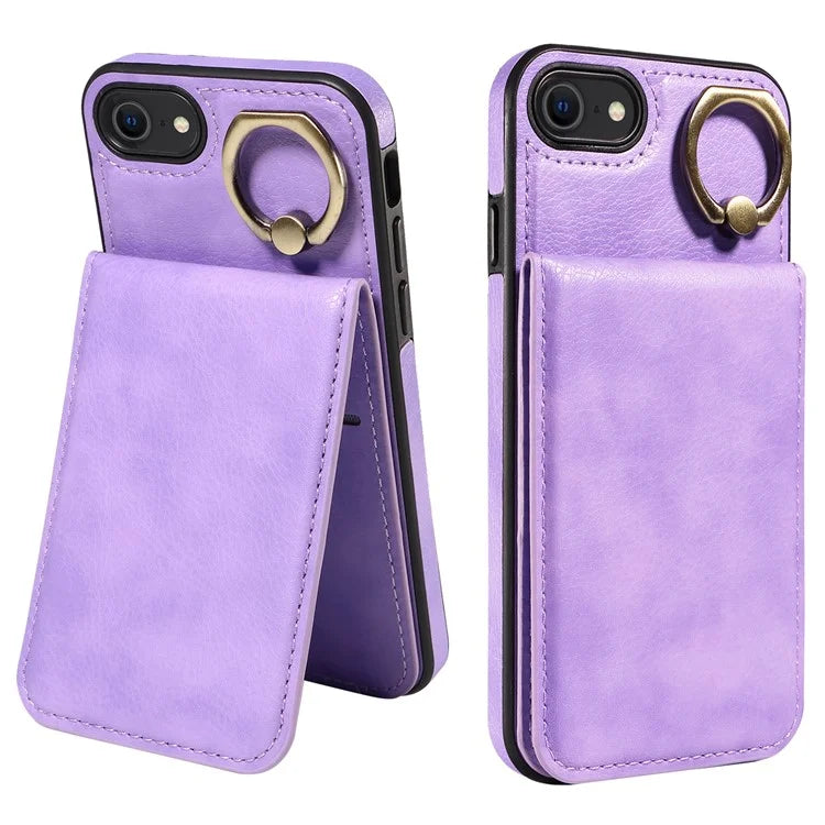 004 For iPhone SE (2022) / SE (2020) / iPhone 8 / 7 Case Leather+TPU Phone Cover with Card Holder and Ring Kickstand
